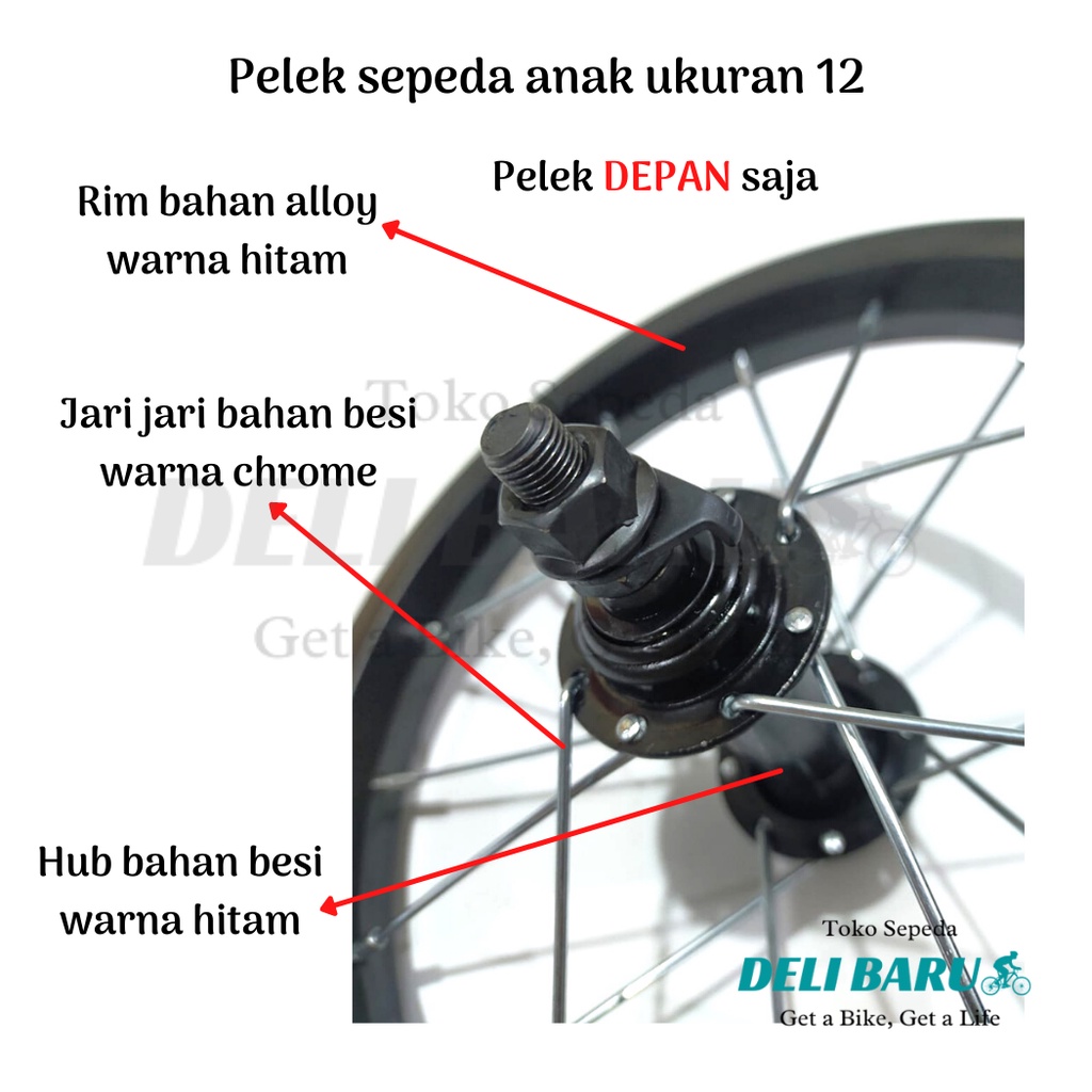 Pelek jadi Wheelset depan atau belakang ukuran 12 Velg Alloy hitam sepeda anak