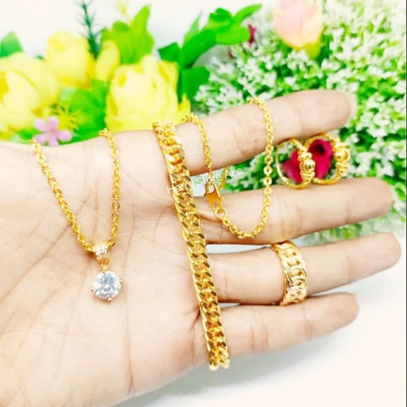 Set Perhiasan Wanita Gelang Rantai Gold 1 Set Komplit Lapis Emas Anti Karat