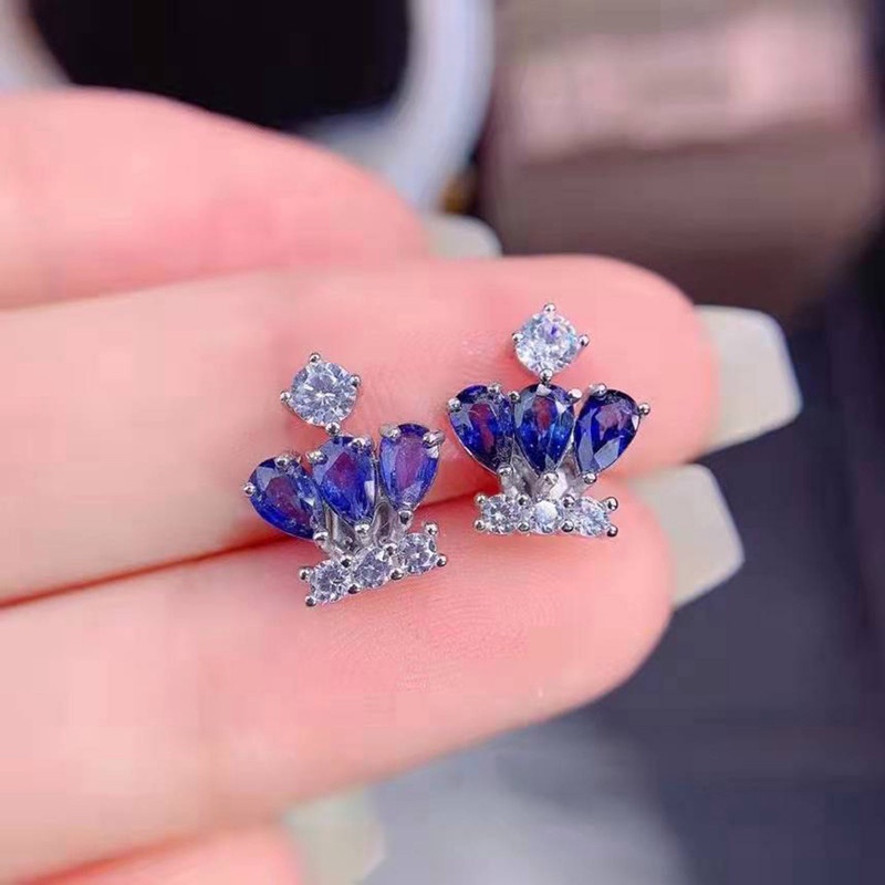 Anting Stud Desain Mahkota Tanzania Blue Sapphires Untuk Wanita