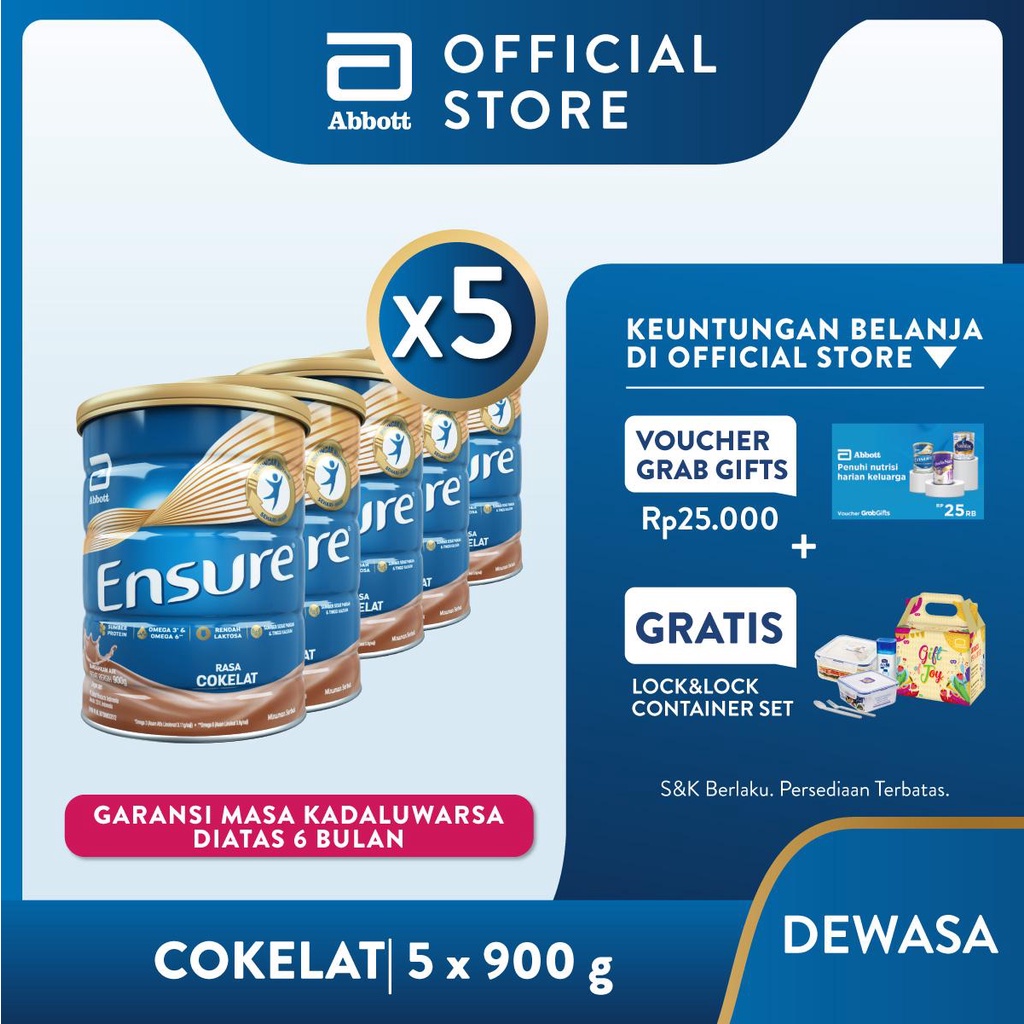 Ensure Coklat 900 g Susu Nutrisi Dewasa Rendah Laktosa x5 FREE FREE L&L Container + Grabgifts