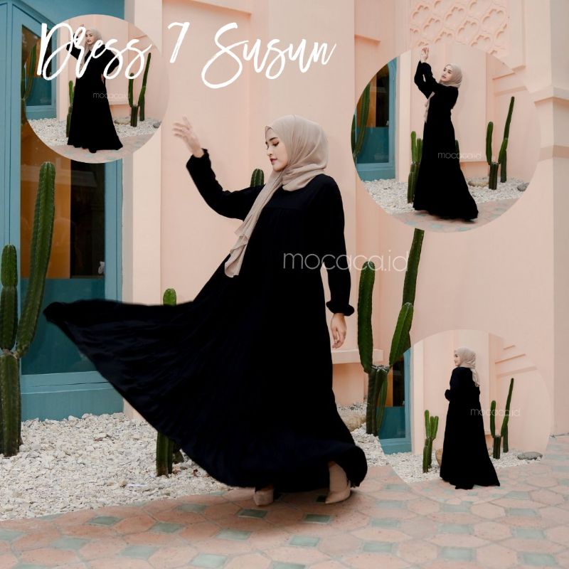 dress premium 7 susun hitam pekat busui sleting belakang bisa untuk prewed pre wedding lengan wudhu friendly flare flowy adem super lebar