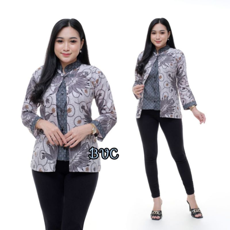 tey-17 Batik Wanita ASJ SA HRB026 Kenogo Kemeja Tosca Pendek-B daun alam