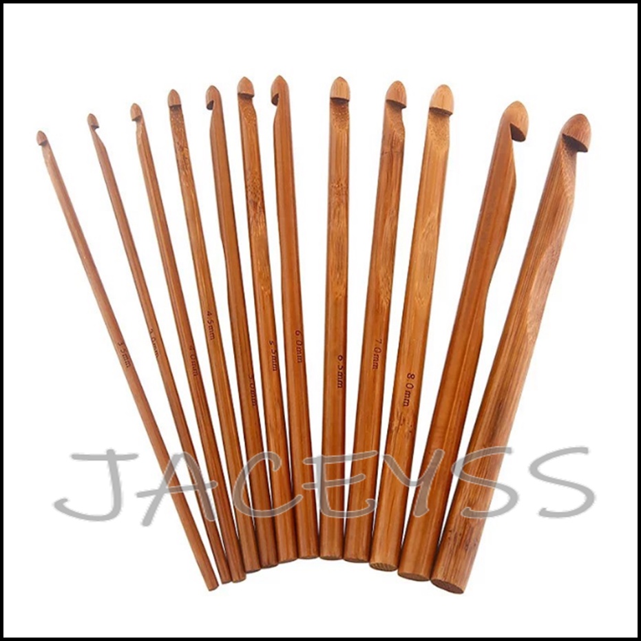 hakpen bambu set 12pcs bamboo crochet hook hakken jarum rajut kayu bambu 12 pcs
