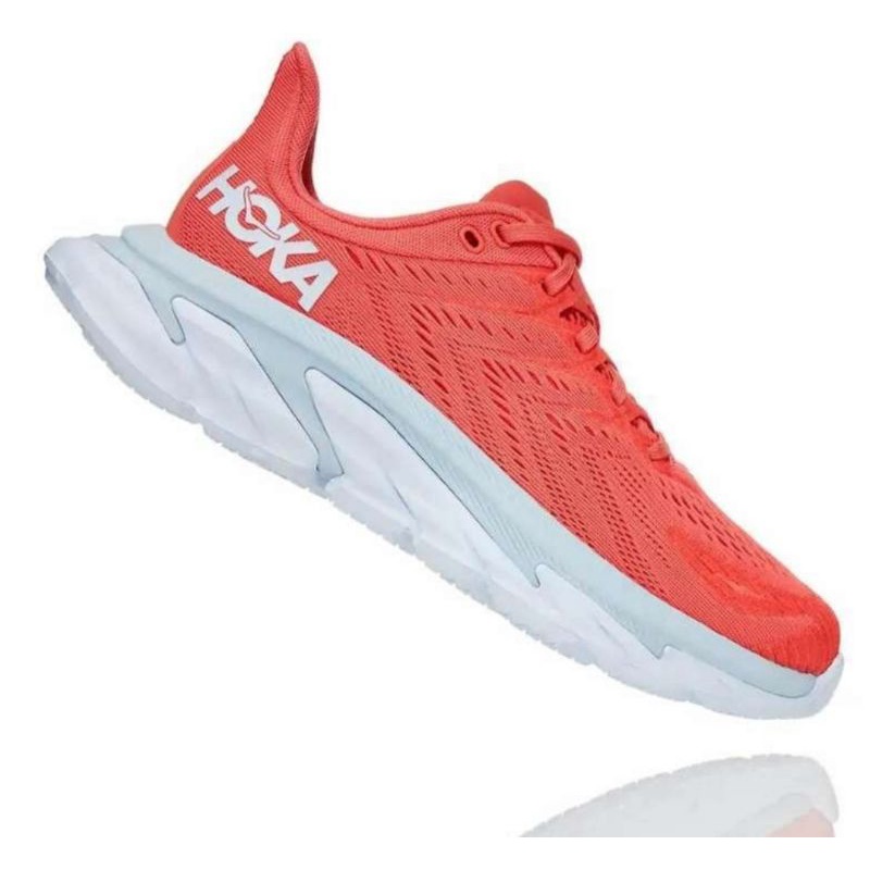 SEPATU HOKA ONE ONE W CLIFTON EDGE WOMEN'S RUNNING SHOES HOT CORAL WHITE ( SECOND RASA BARU )