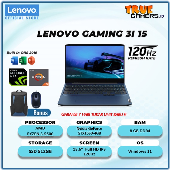 LENOVO GAMING 3 15  GTX1650 4GB RYZEN 5 5600 RAM8GB 512SSD WINDOWS11+OHS 15.6FHD IPS 120HZ