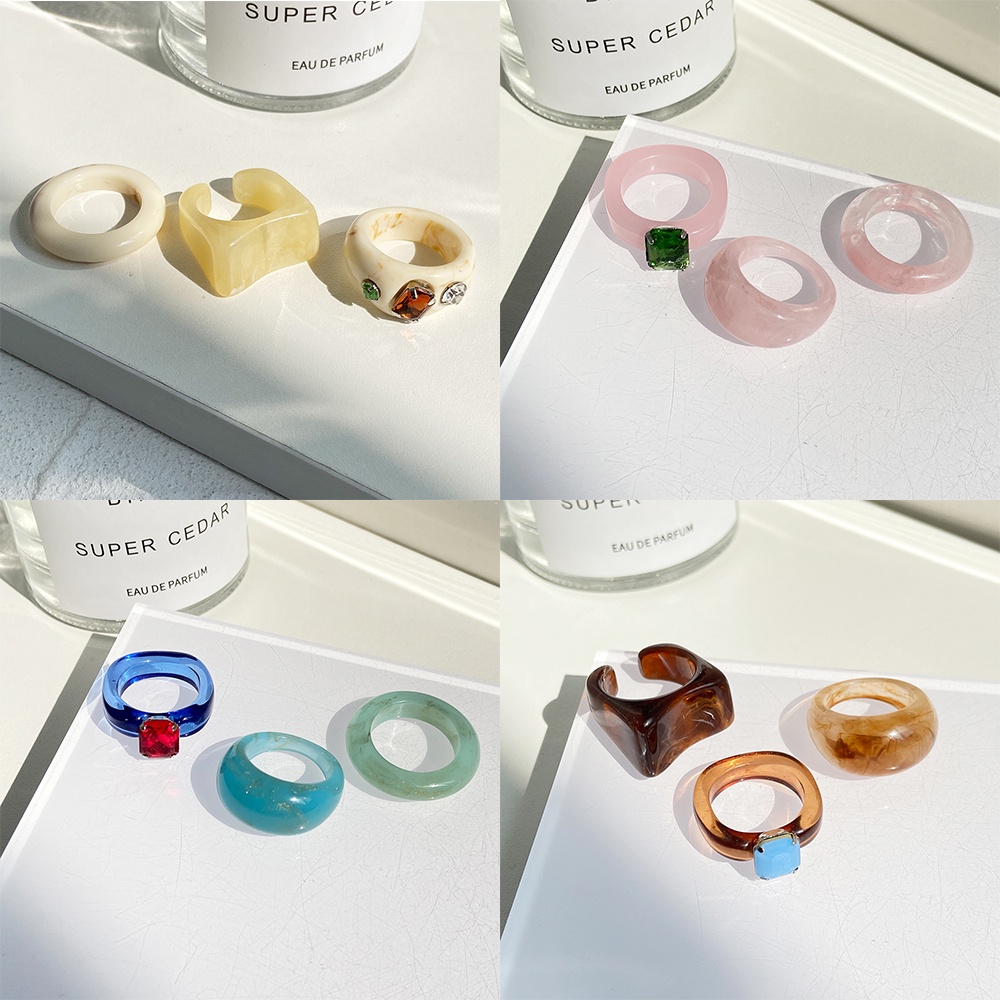 Cincin set 3Pcs / Set Cincin Resin Akrilik Transparan Tidak Teratur Warna-Warni Untuk Wanita Dalika