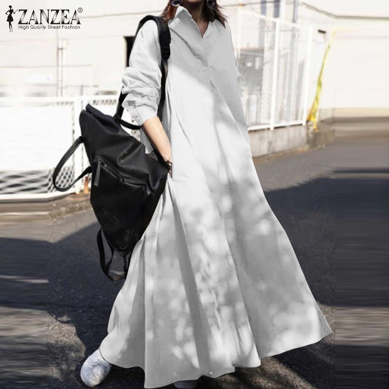 ZANZEA Women Casual Full Sleeve Retro Side Pockets Solid Long Dress