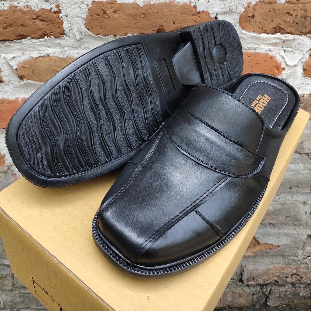 SANDAL SEPATU KULIT ASLI HOOPER WARNA HITAM SELOP COWOK BUSTONG KERJA