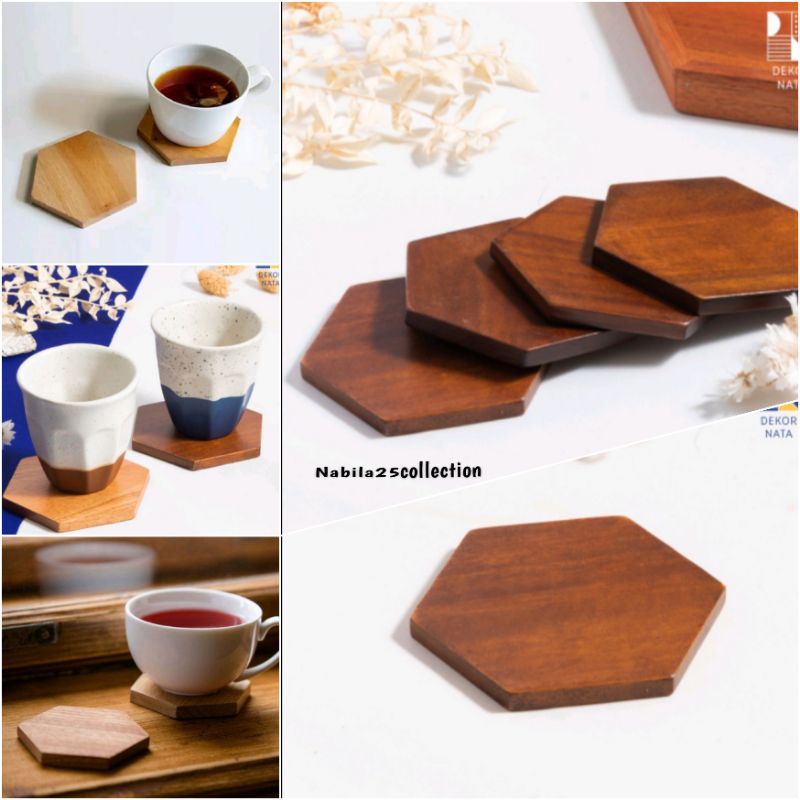 TATAKAN GELAS / TATAKAN GELAS KAYU / TATAKAN GELAS KAYU SEGI ENAM / PIRING KAYU GELAS AESTHETIC / TATAKAN