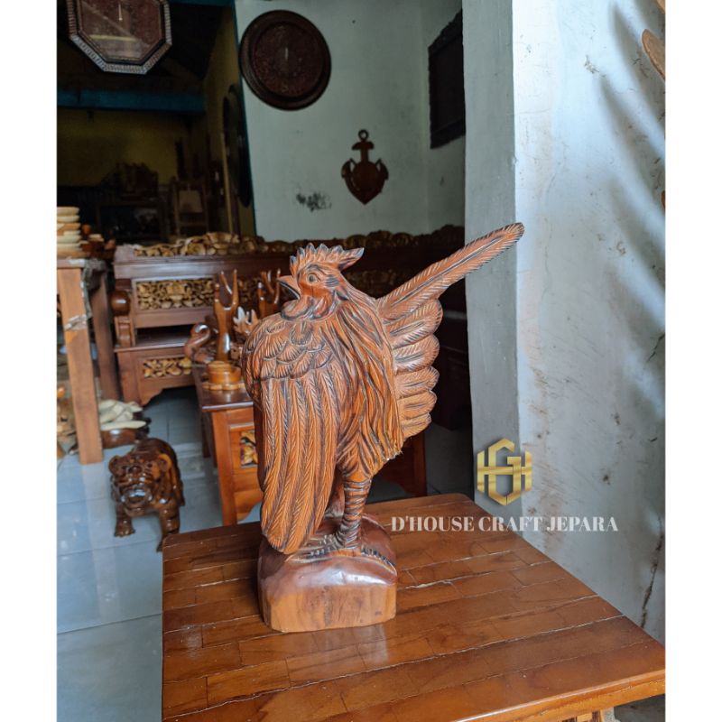 Patung Ayam Kate Hias Kayu Jati Tinggi 35cm