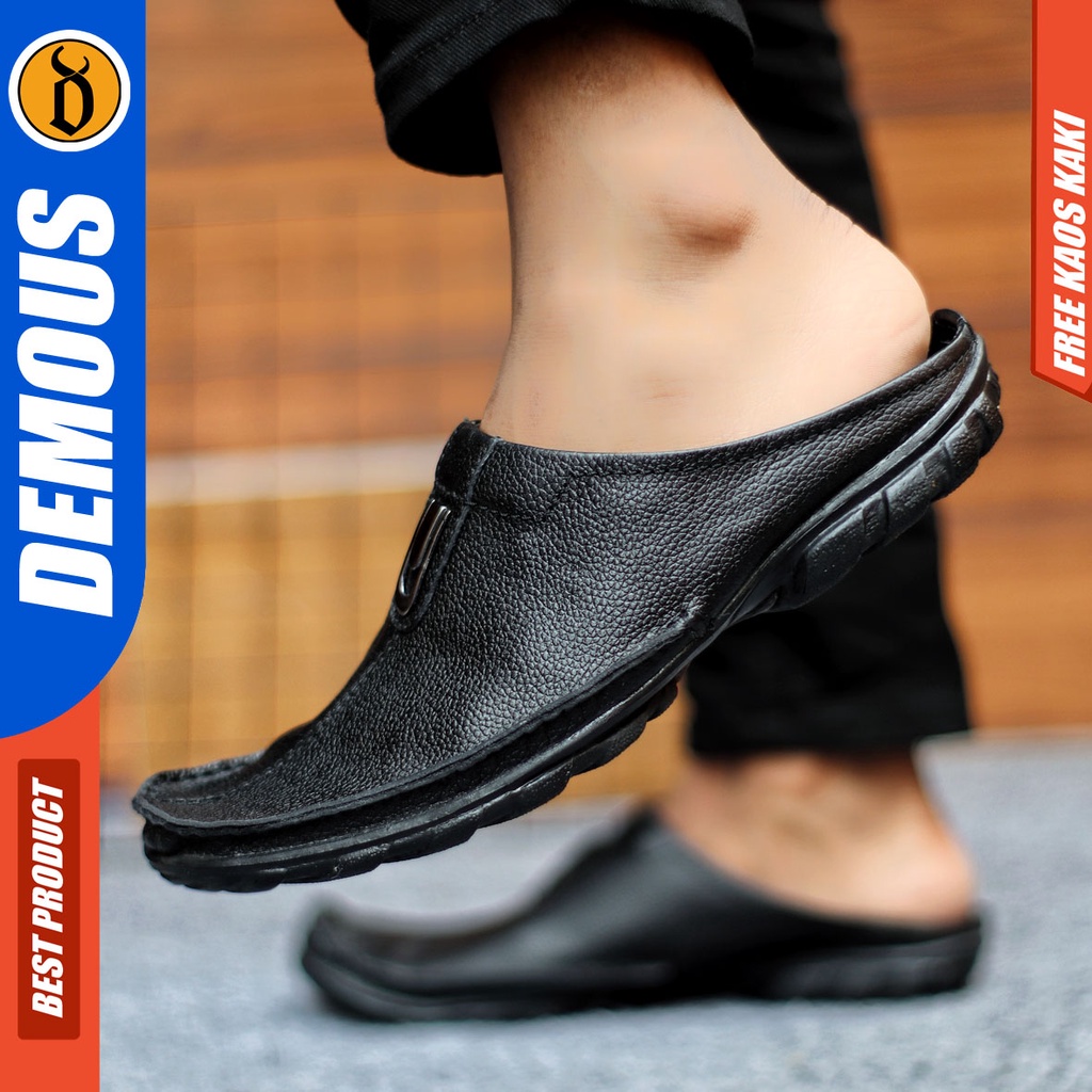 Sepatu Sandal Pria Kulit Asli Sendal Bustong Slop Hitam DEMOUS BUTENG