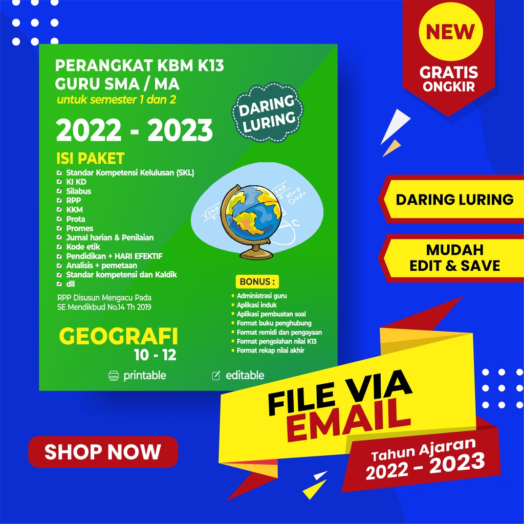 RPP GEOGRAFI SMA FORMAT 1 LEMBAR KELAS 10, 11, 12 K13 KURTILAS REVISI TERBARU DARING LURING