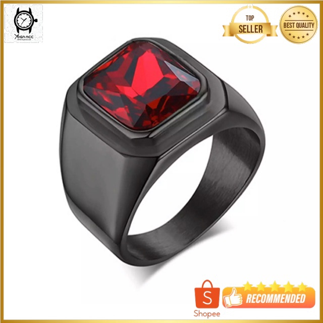 Cincin Pria Octagon Red Ruby Akik Merah Garnet Cutting Mewah Ring Black Titanium Stainless Steell