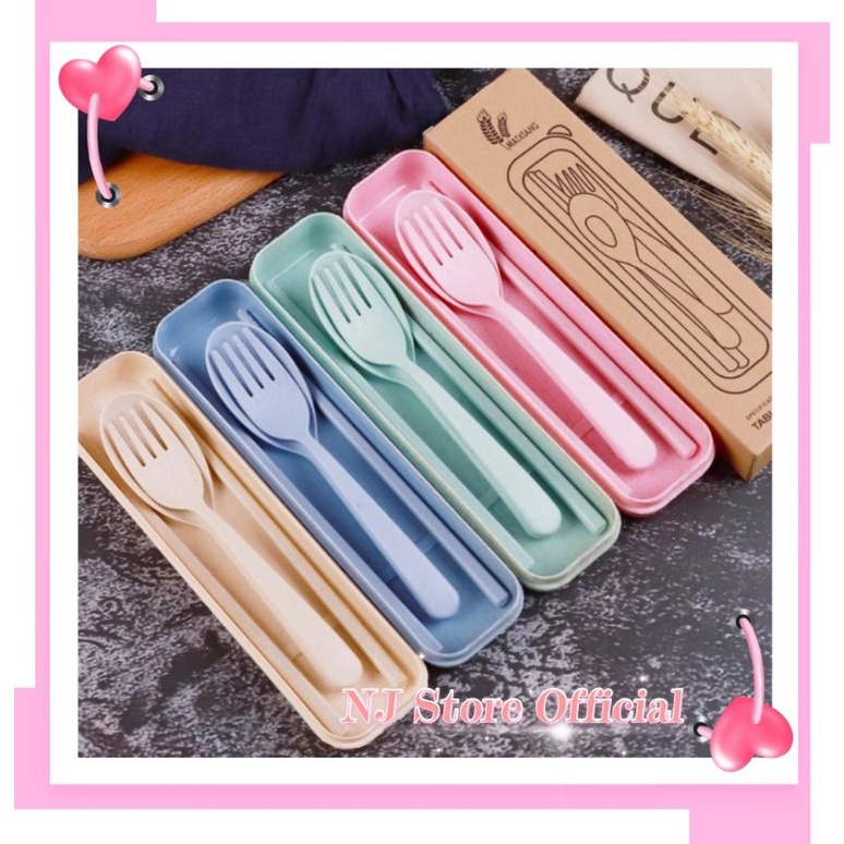 NJ H515 Sendok Set Garpu Sumpit sendok  Bahan Jerami + kotak  Sendok Set 3 in 1 Perlengkapan