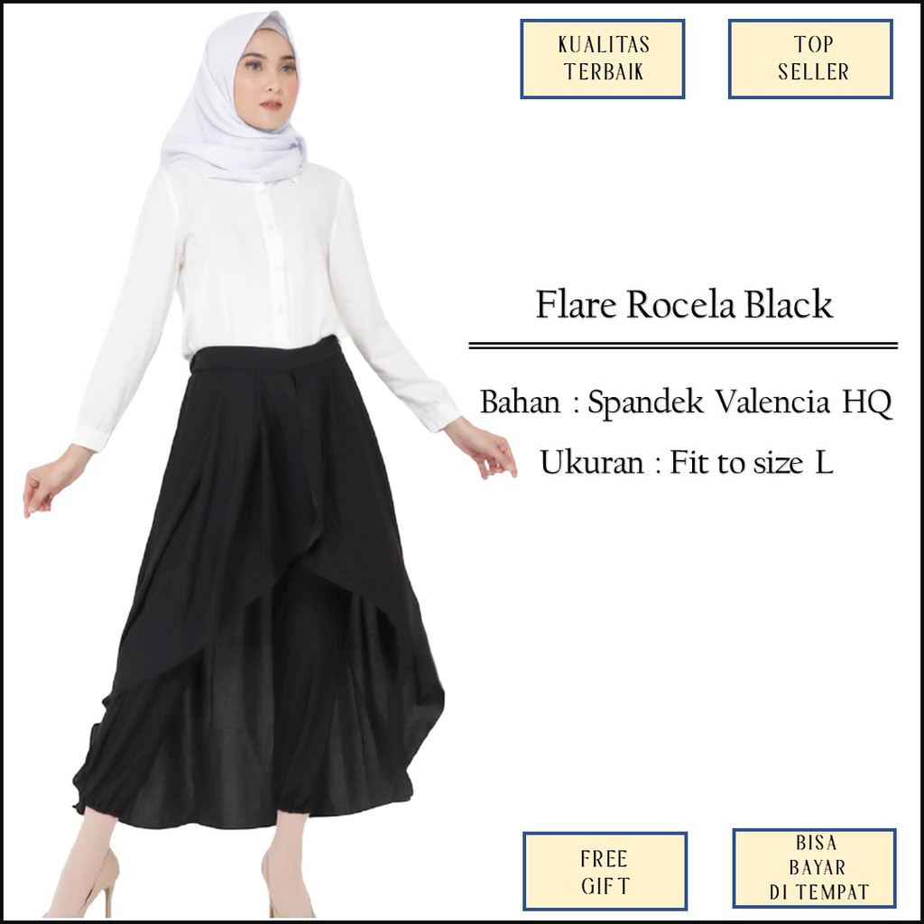 Rok Rocella Rocela Muslim Black Hitam Casual Formal Polos Layer Bahan Spandek Crepe Size L M1262
