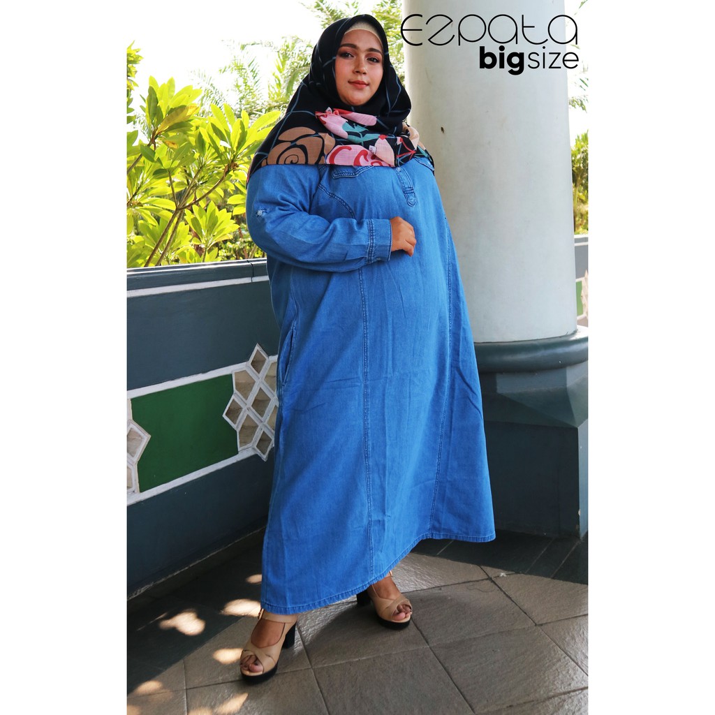 Gamis Jeans Polos Syari Baju Wanita Terbaru Kancing Depan Jumbo Big Size Ukuran XXXXL/4L Bahan Adem