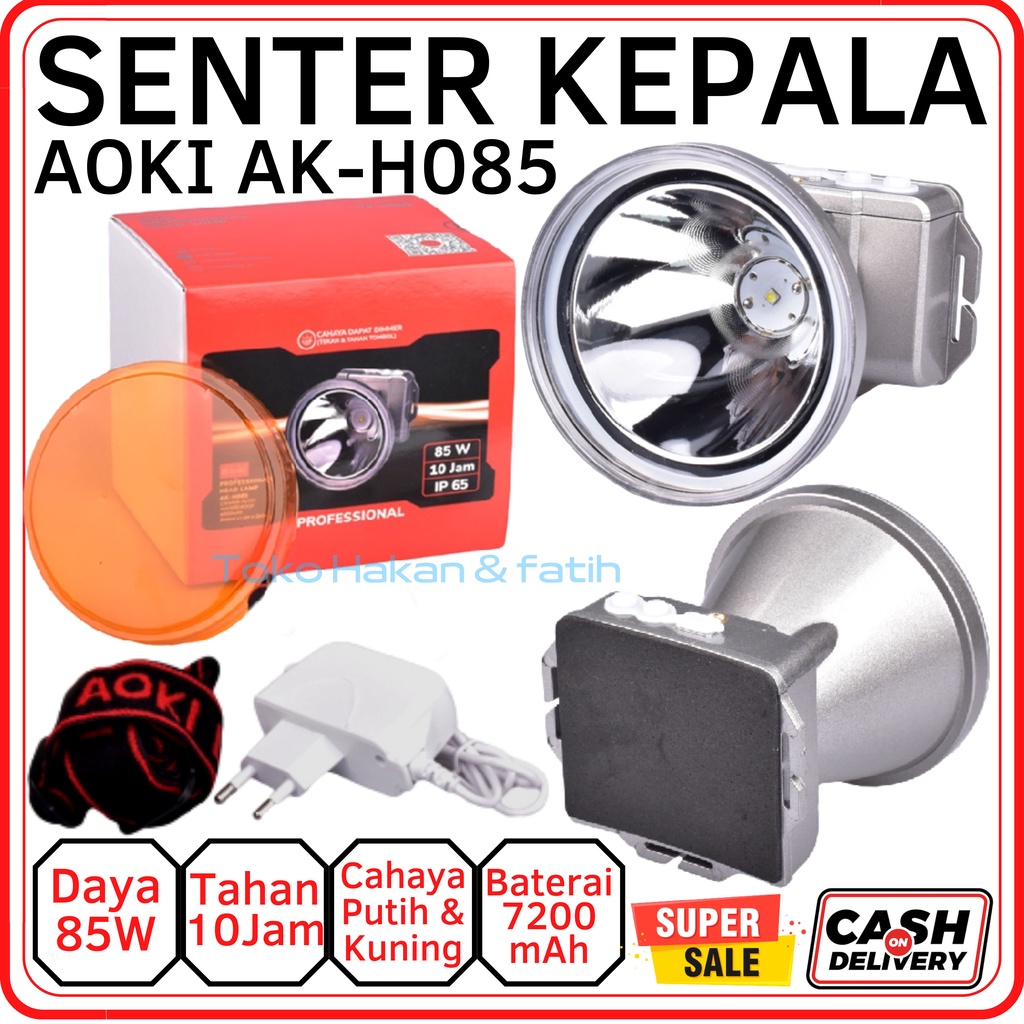 Senter Kepala LED Aoki AK-H085 Cahaya Putih dan Kuning 85Watt | HeadLamp Led Aoki Ak H085 Waterproof