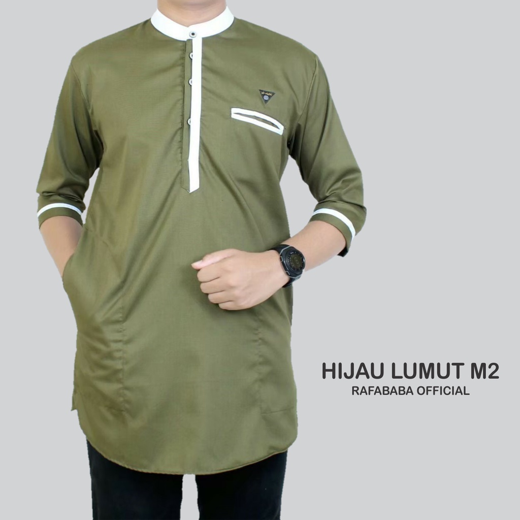 Koko Ikhwan Dewasa Kurta Ayah Pakistan Premium Bahan Toyobo Warna Hijau Lumut List Putih Lengan 3/4