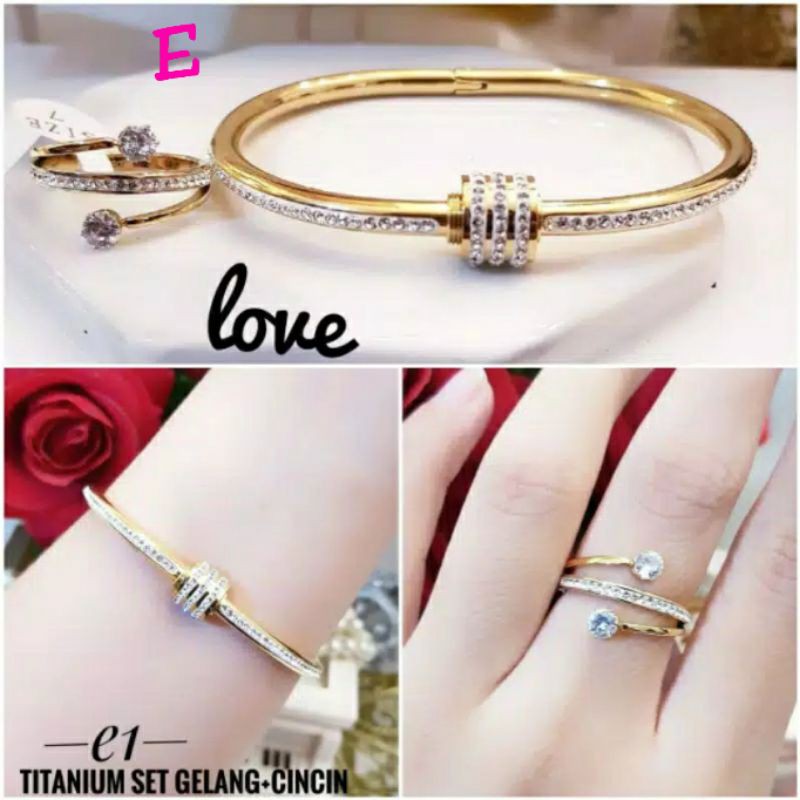 Gelang bangle set+cincin G6-G7 asli titanium anti karat UK 6cm