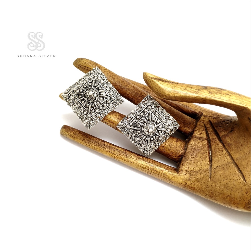 Anting Subeng Bali Perak Bakar Motif Perisai Silver 925 Handmade