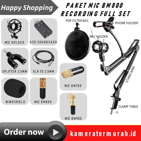 Paket Full Set Microphone BM-800 Ready Recording BM800  Condenser with Pop Filer - Stand - Splitter