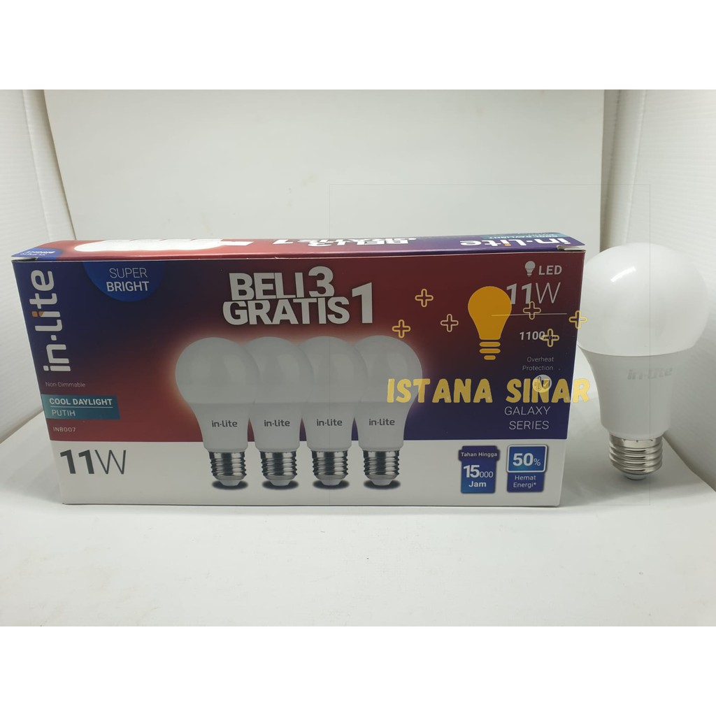 LAMPU LED BULB INLITE IN-LITE 3 GRATIS 1 11W 11 W WATT WT BERGARANSI