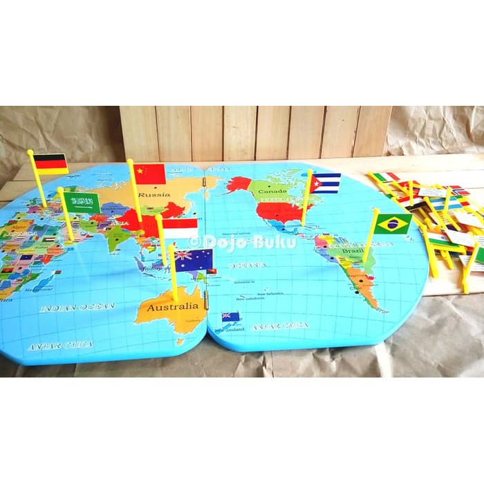 Mainan Edukatif Papan Kayu Mencocokkan Bendera Negara Peta Dunia