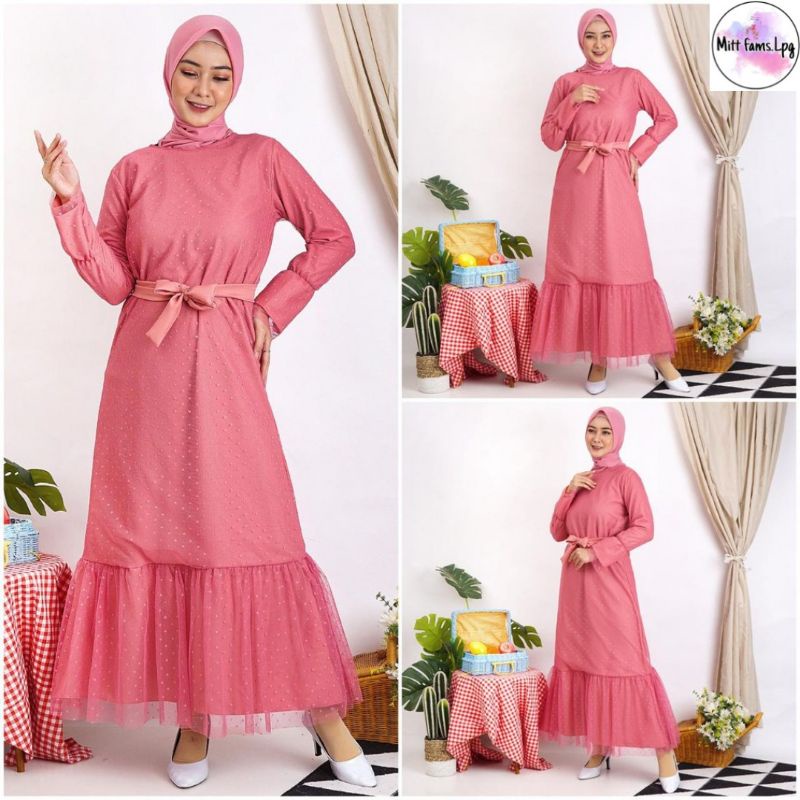TERMURAH  Gamis Helwa Tile Polkadot Maxi Dres Lebaran Long Dress Busana Muslim