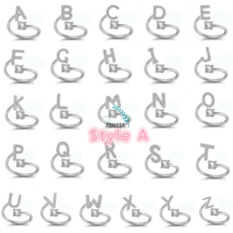 1Pc Cincin Terbuka Adjustable Motif Huruf Alfabet Inggris Hias Berlian Imitasi Untuk Wanita