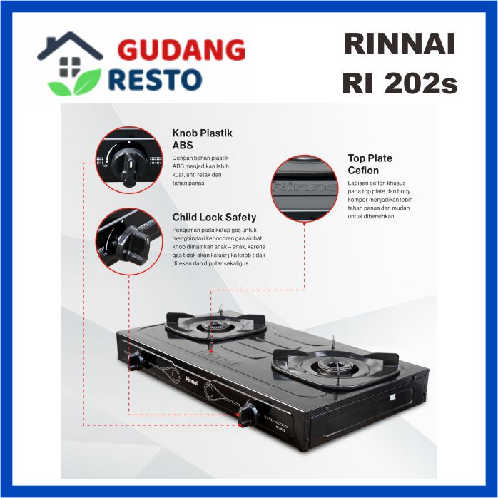 RINNAI RI-202s KOMPOR GAS / LPG 2 TUNGKU / MATA TEFLON RI202s / RI 202 SUN BURNER