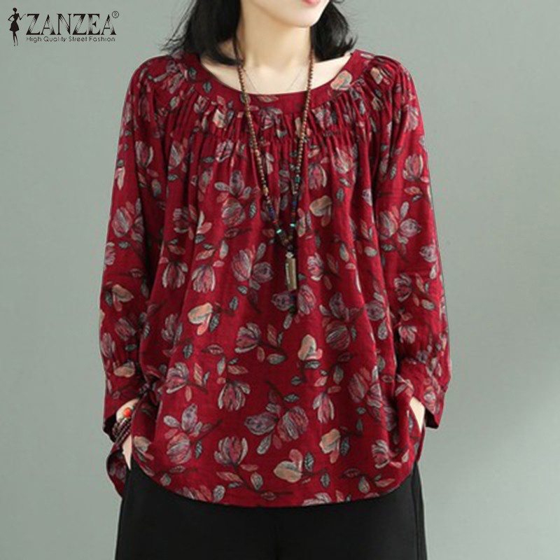 ZANZEA Women Vintage Floral Printed Loose Long Sleeve Blouse