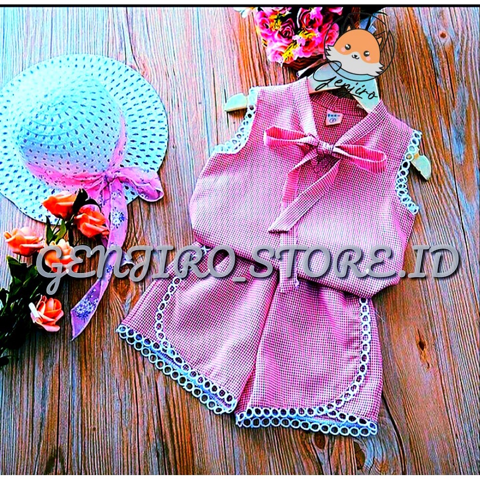 SETELAN ANAK PEREMPUAN/ BAJU SINGLET/CELANA PENDEK/MOTIF BAHAN KOTAK POLYSTER/APLIKASI RENDA/UNTUK UMUR 6 BULAN - 4 TAHUN/BISA COD