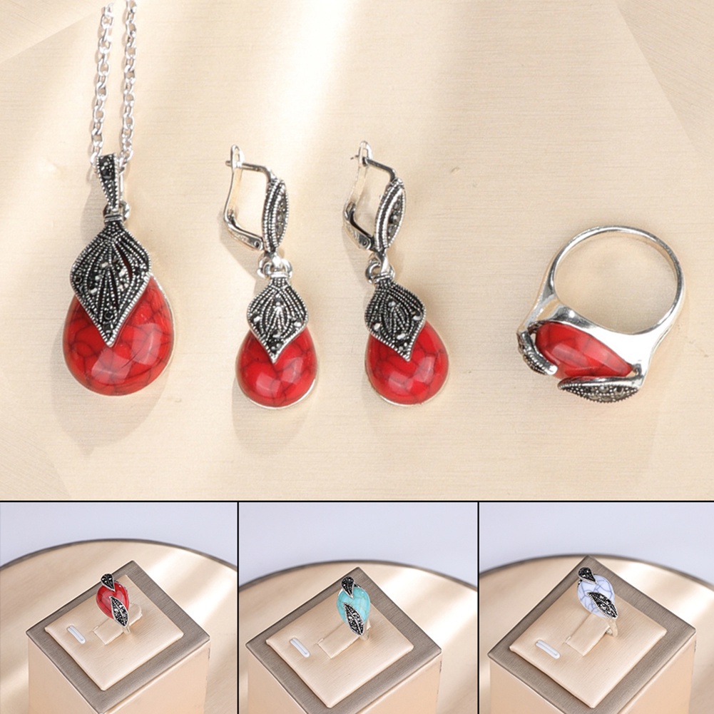 Hu Hu Hu Hu Hu Alat Bantu Pasang Kacamata♡ Set Antingkalungcincin Leaverback Vintage Desain Daun Hias Turquoise Imitasi Untuk Wanita