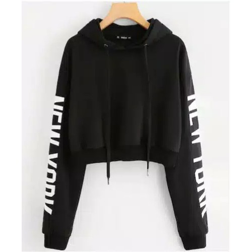 SWEATER ATASAN WANITA CROP HOODIE LENGAN PANJANG PRINT NEW YORK BABYTERRY