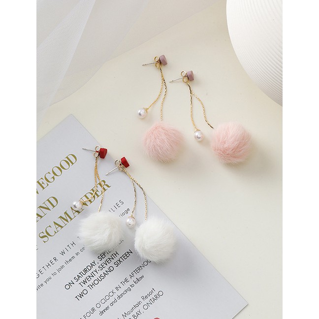 LRC Anting Tusuk Fashion 925 Silver Needle Tassel Hair Ball Pearl Pompom Heart Earrings D59710