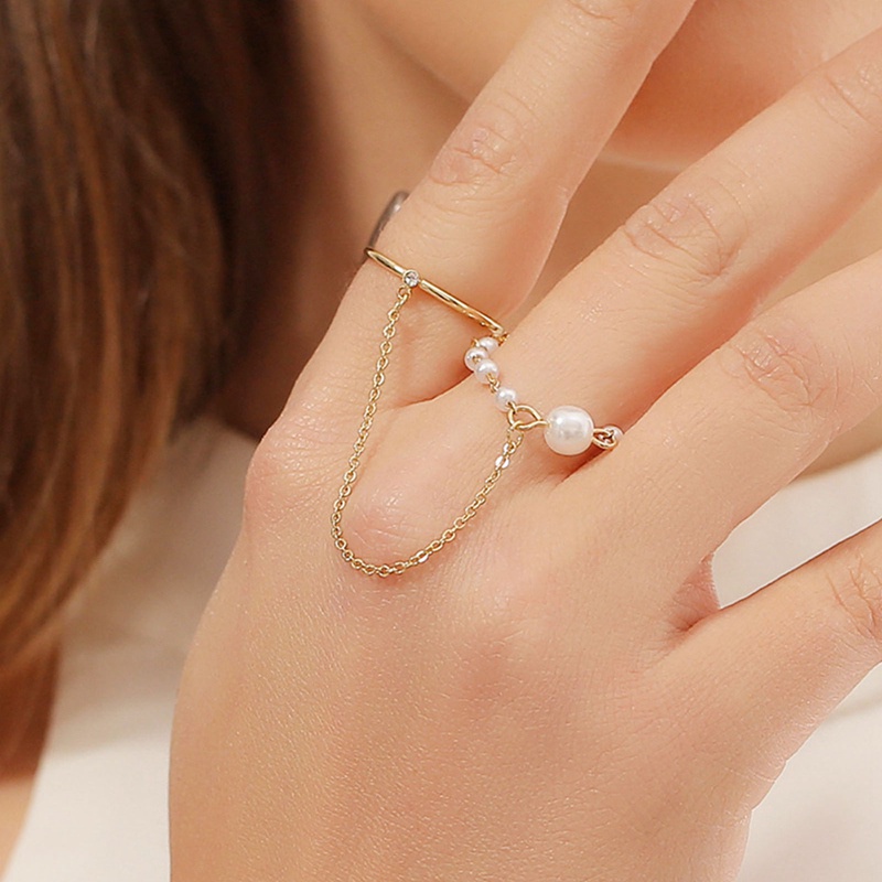 New Simple Ring With Chain For Women Creative Retro Two Rings Together Pearl Ring Fashion Western Style Women Jewelry