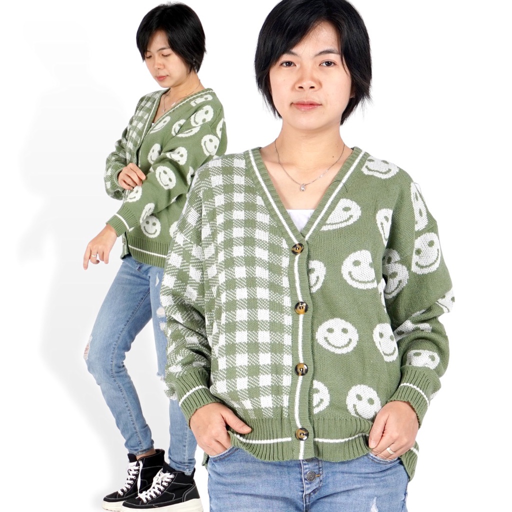 Okechuku CARDIGAN RAJUT SMILE Kardigan Rajut Oversize Motif Smile Cardigan Rajut Pria Wanita
