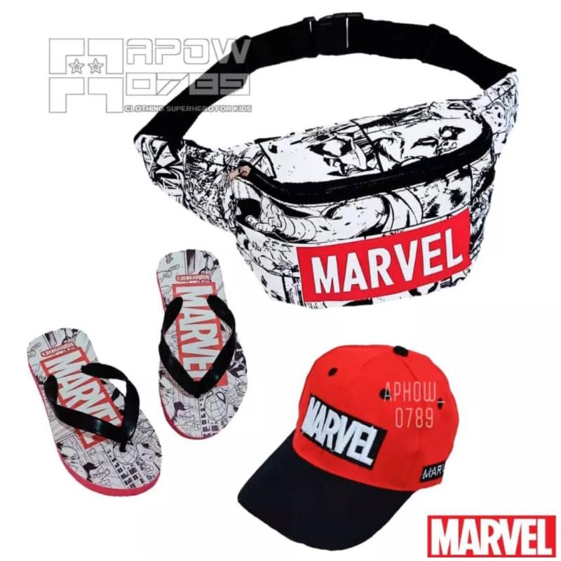 paket 3in1 tas selempang waistbag anak Marvel / free sandal anak dan topi marvel real pict