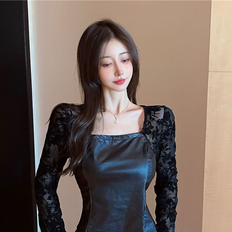 Red wanita versi korea retro chic renda jahitan PU kulit lengan panjang tipis musim gugur dan musim dingin bottoming top blouse