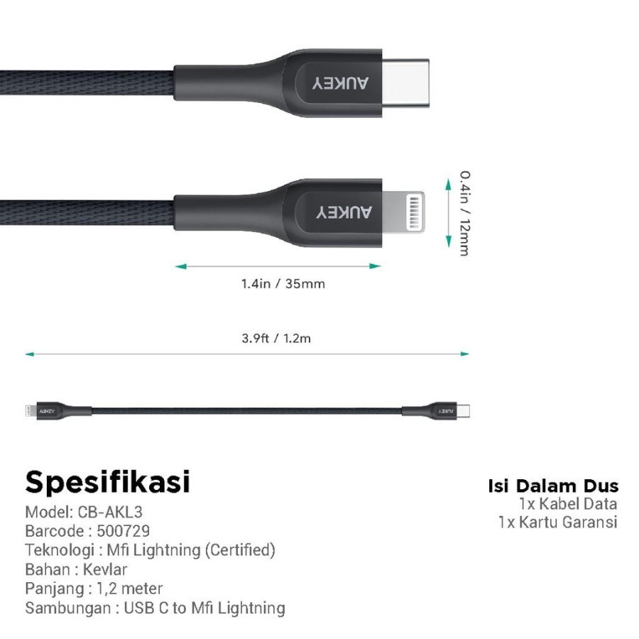 Kabel Charger Iphone Aukey CB-AKL3 MFI USB C To Lightning - 500729