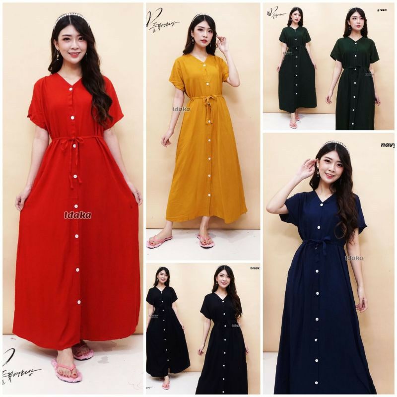 Long dres panjang Semata kaki Lengan pendek full kancing/ Long Daster kekinian motif polos All size