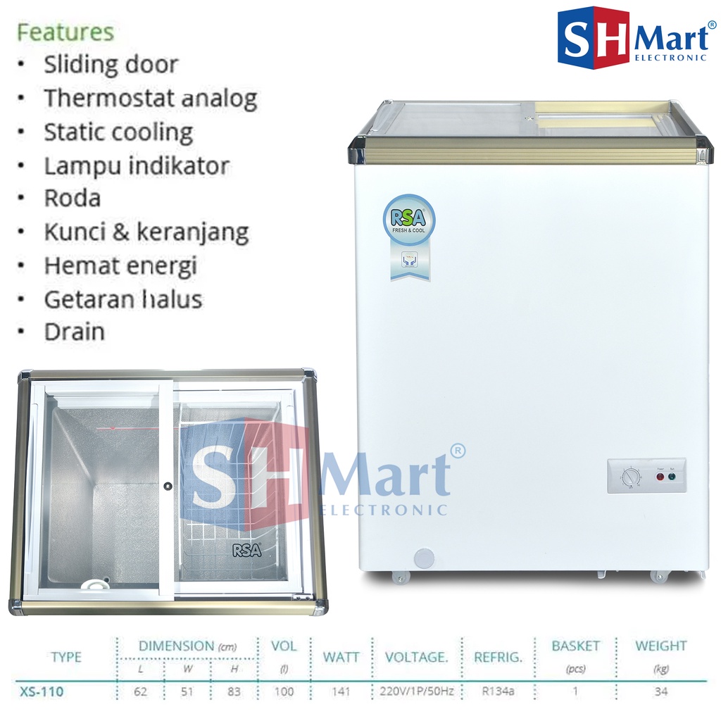 CHEST FREEZER RSA SLIDING KACA FREEZER BOX XS-110 XS-200 XS-320 GARANSI RESMI (MEDAN)