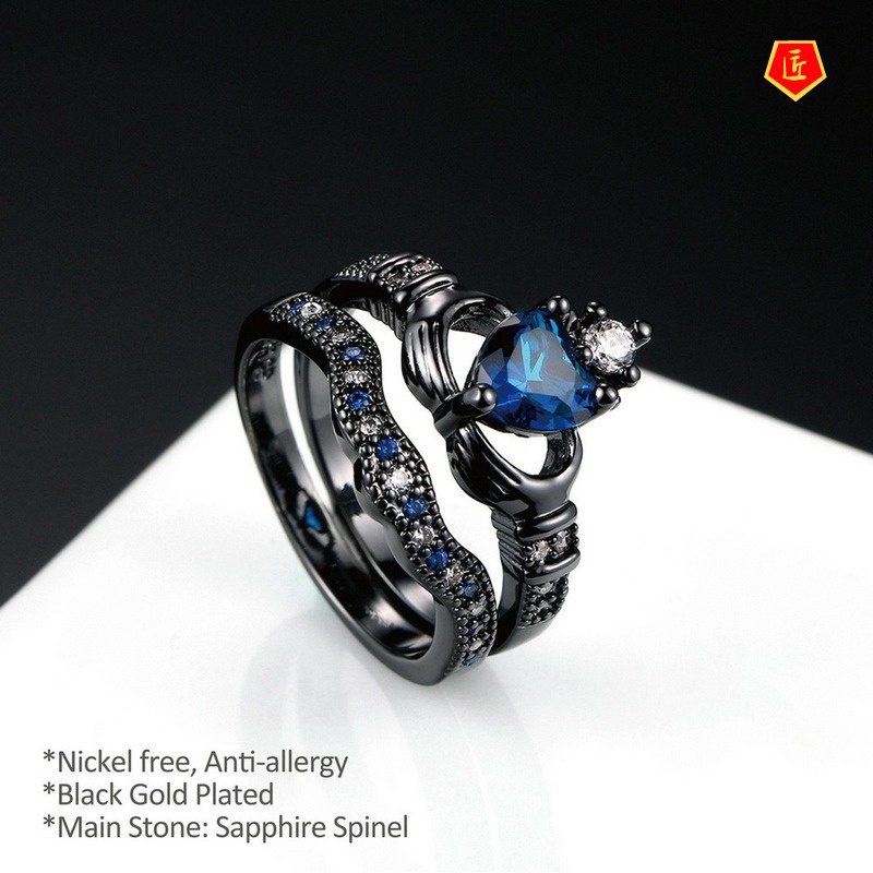 [Ready Stock]Double-Layer Ring Set Female Sapphire Heart-Shaped Crown Fashion Black Gold