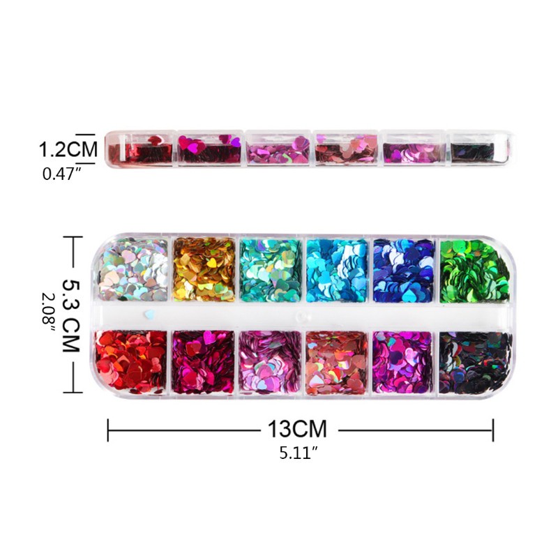 12 Grid / Kotak Payet Glitter Holografik Bentuk Hati Untuk Dekorasi Nail Art