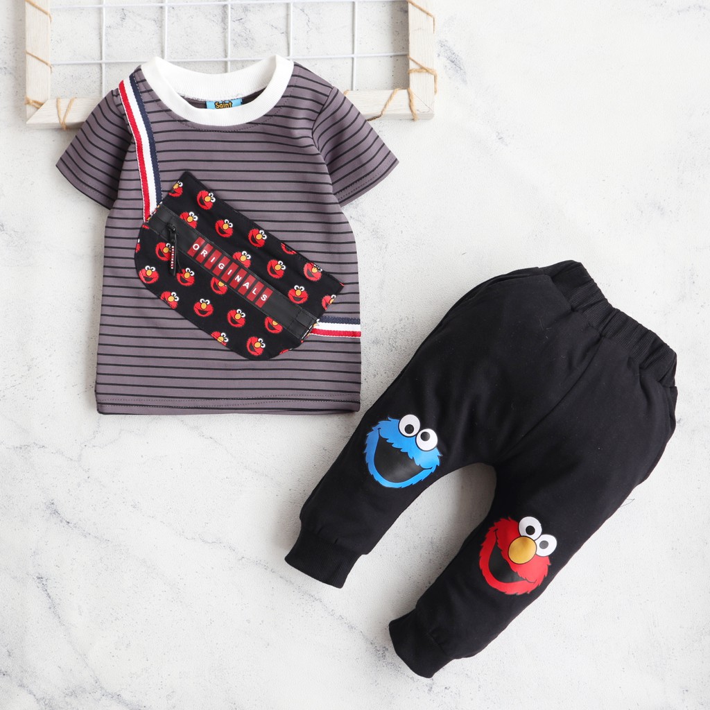 Nuna Store baju anak laki laki SaintQueen Motif Kantong Garis Elmo / Setelan Baju Bayi 0 - 2,5 tahun / Baju Anak Laki-Laki