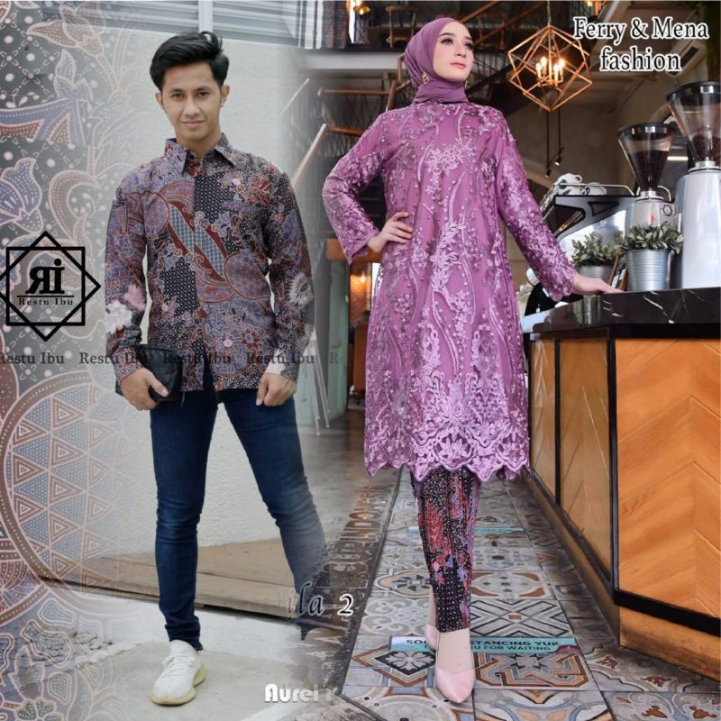 Couple kebaya tunik dengan kemeja batik//couple keluarga batik//kebaya tunik jumbo//kebaya modern