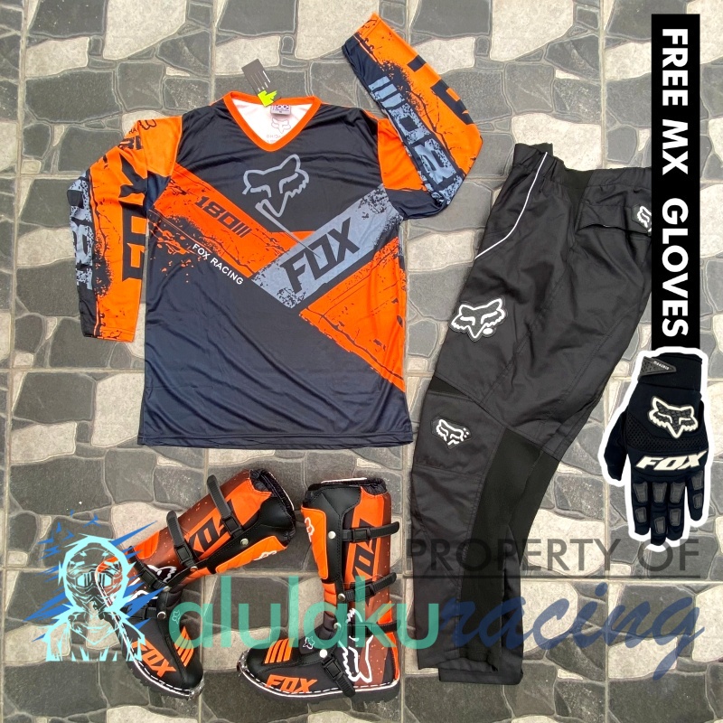 Jersey, Celana, Sarung Tangan &amp; Sepatu Fullprint with Protectors Fullset MX Trail Motocross - Paket Bundling FOCTFG170105-F41