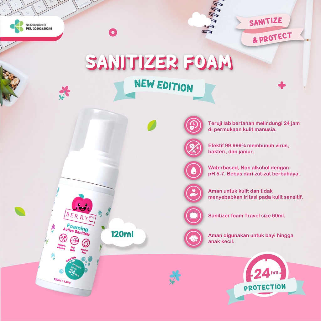 BerryC - Berry C Active Sanitizer Foam untuk Hand &amp; Body, non sticky, non wet, rinseless wash 120ml