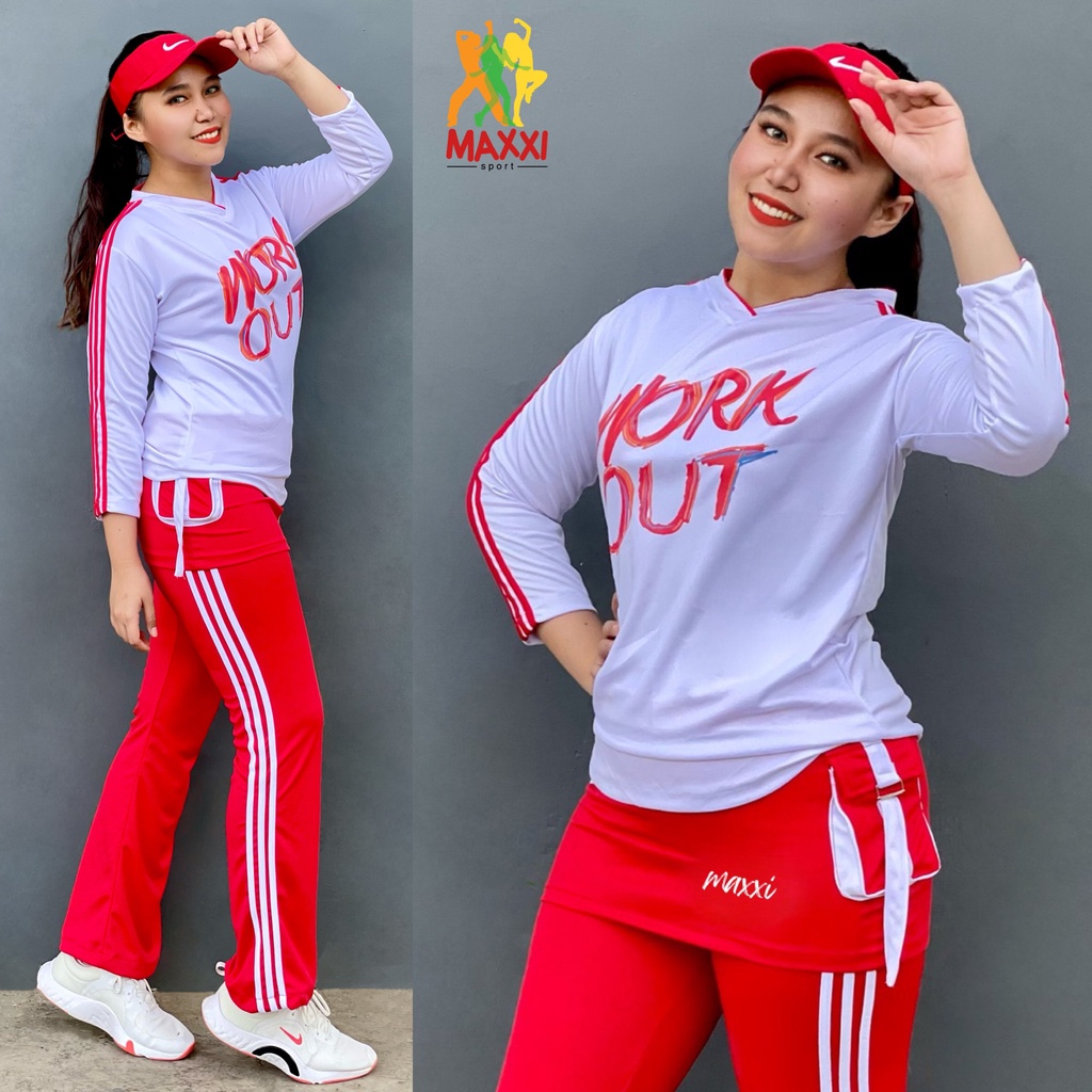 SETELAN READY Baju Olahraga Putih Merah Rok WORKOUT Set Baju Senam Panjang Baju Gym Fitness Jogging 