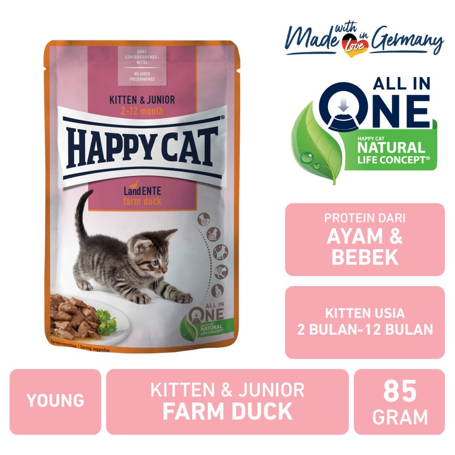 Happy Cat Makanan Kucing Basah Kitten &amp; Junior Farm Duck Pouch 85gr